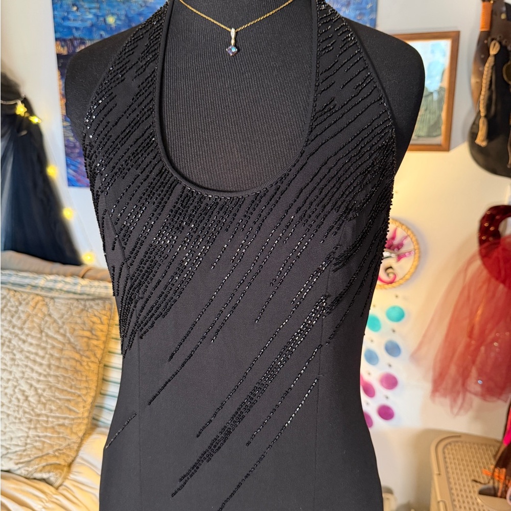 Bieff Basix Vintage Black Beaded Halter Maxi Gown 10